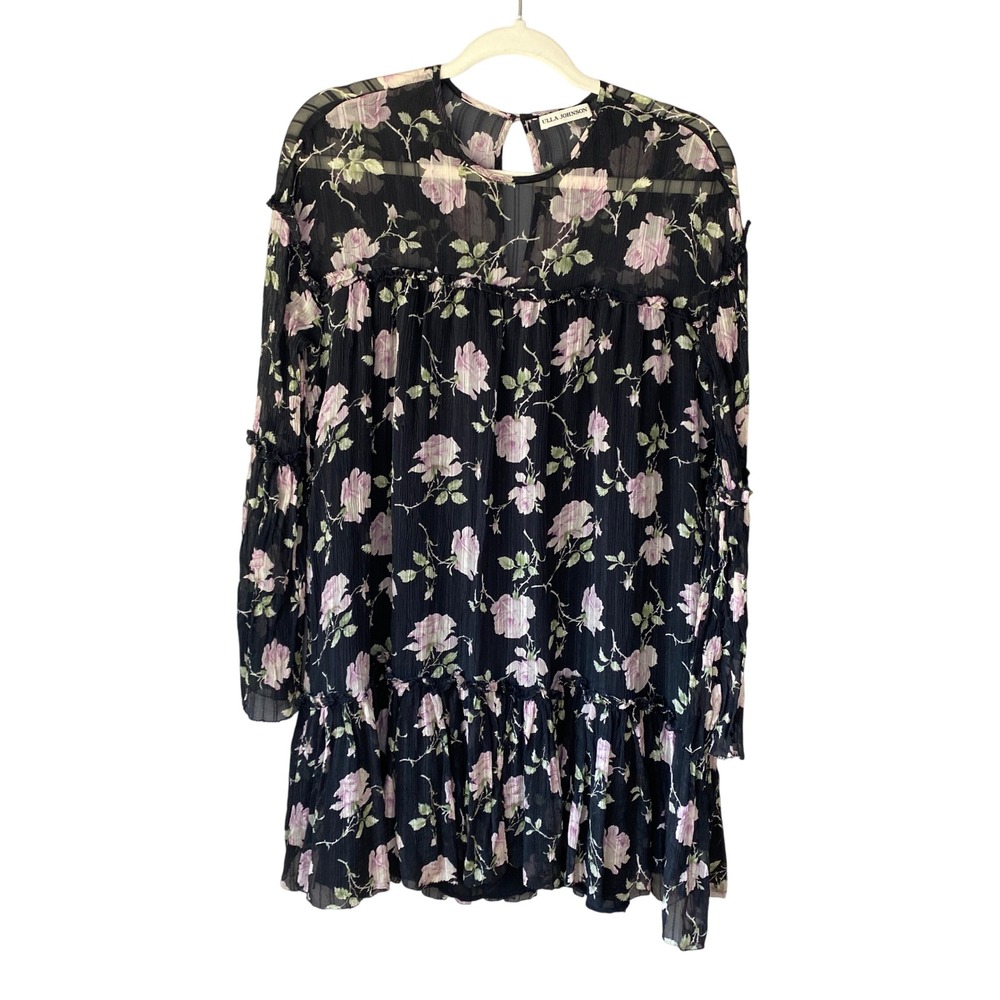 Ulla Johnson Dahlia Black Floral Silk Chiffon Ruffle Mini Dress Size 0 (P)